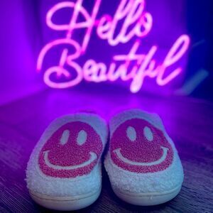 Pink Smiley Face Happy Feet Cozy Slippers